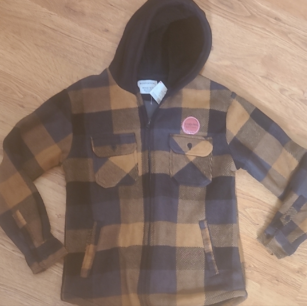 Kids Plaid Hooded Jacket - Black and Tan